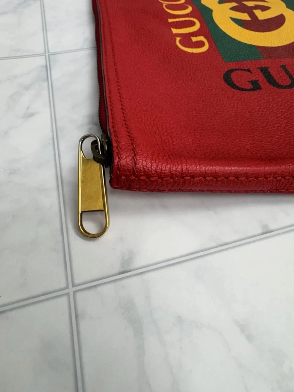 Gucci Red Leather Pouch with Green and Yellow Logo